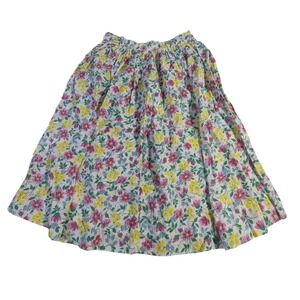 Vintage Floral Cotton Midi Skirt – White Pink Yellow Blue Pleated READ